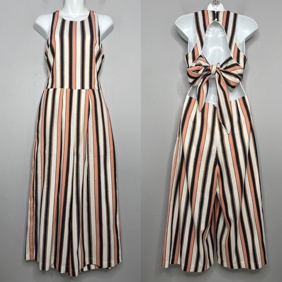 ADELYN RAE Gidget Striped Woven Sleeveless Tie Back Cropped Jumpsuit Size Small - Picture 3 of 12